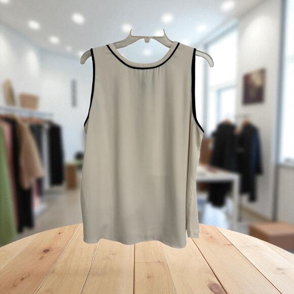 LOFT Contrast Trim Sleeveless Blouse | White Black Tie Neck Top | Size Large - Picture 1 of 6